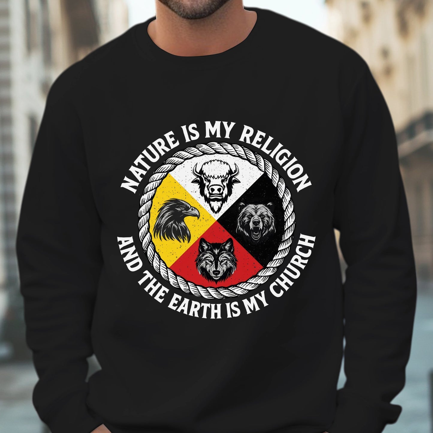 Nature Is My Religion, The Earth Is My Church - Four Animals Medicine Wheel Unisex T-shirt/T-shirt V-neck/Hoodie/Sweatshirt