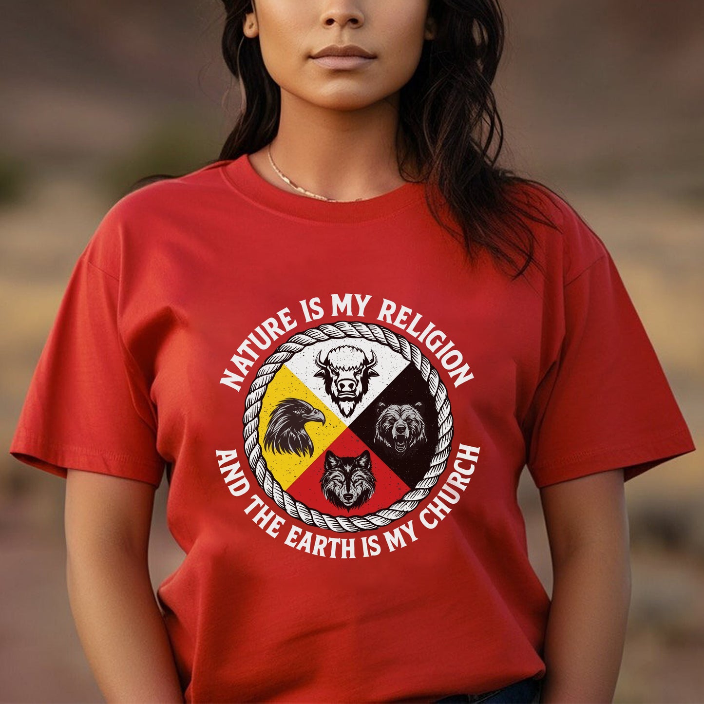 Nature Is My Religion, The Earth Is My Church - Four Animals Medicine Wheel Unisex T-Shirt/T-Shirt V-Neck/Hoodie/Sweatshirt