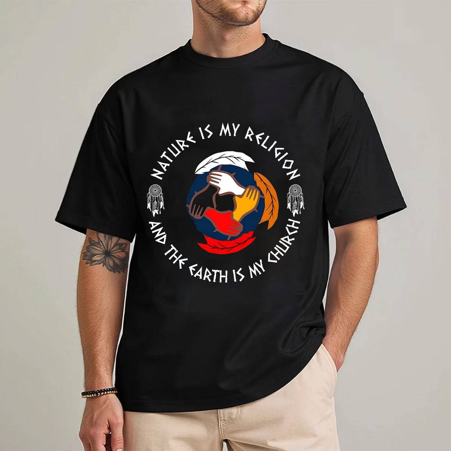 Nature Is My Religion, The Earth Is My Church - Unity Hands & Feathers Unisex T-Shirt/T-Shirt V-Neck/Hoodie/Sweatshirt