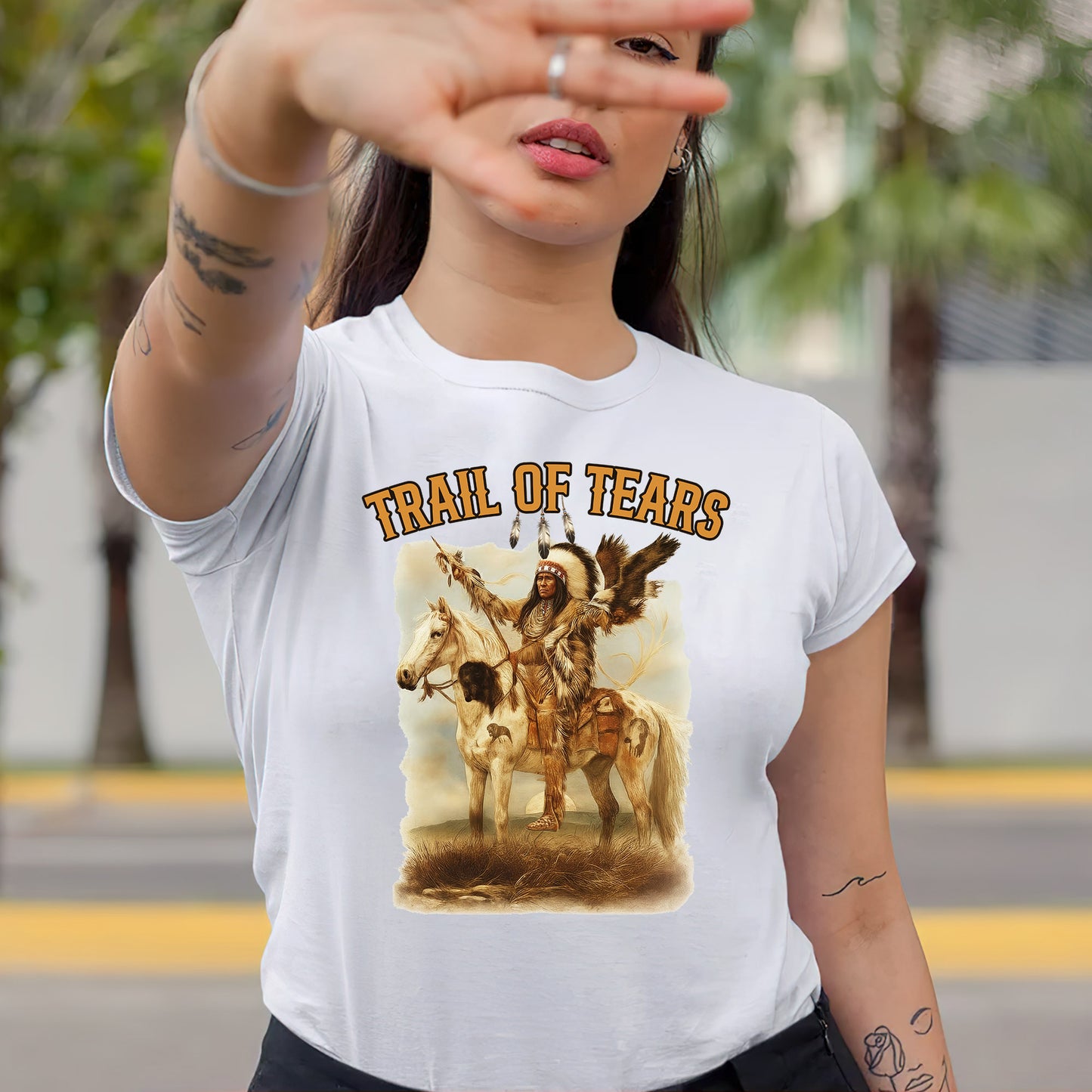 Trail of Tears Fine Art - Chief Raising Arms on Horseback Unisex T-Shirt/Hoodie/Sweatshirt