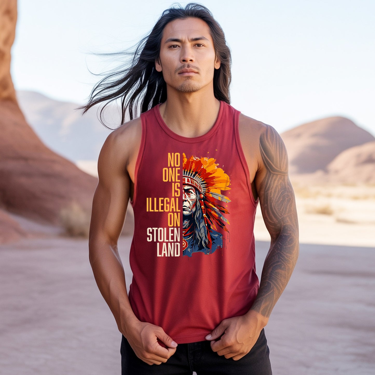 No One Is Illegal On Stolen Land Indigenous Chief Bold Statement Unisex Tank Top