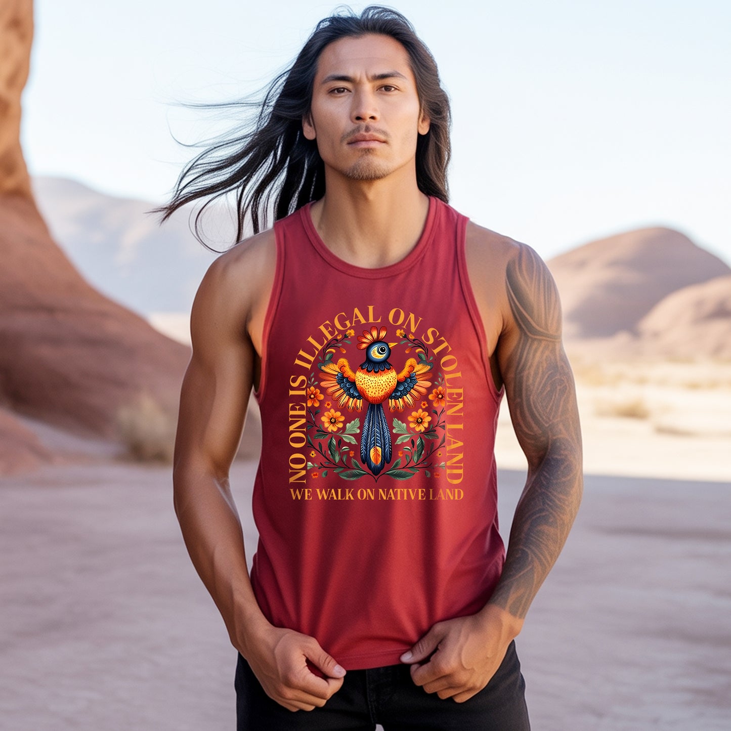 No One Is Illegal On Stolen Land Colorful Bird and Nature Artwork Unisex Tank Top