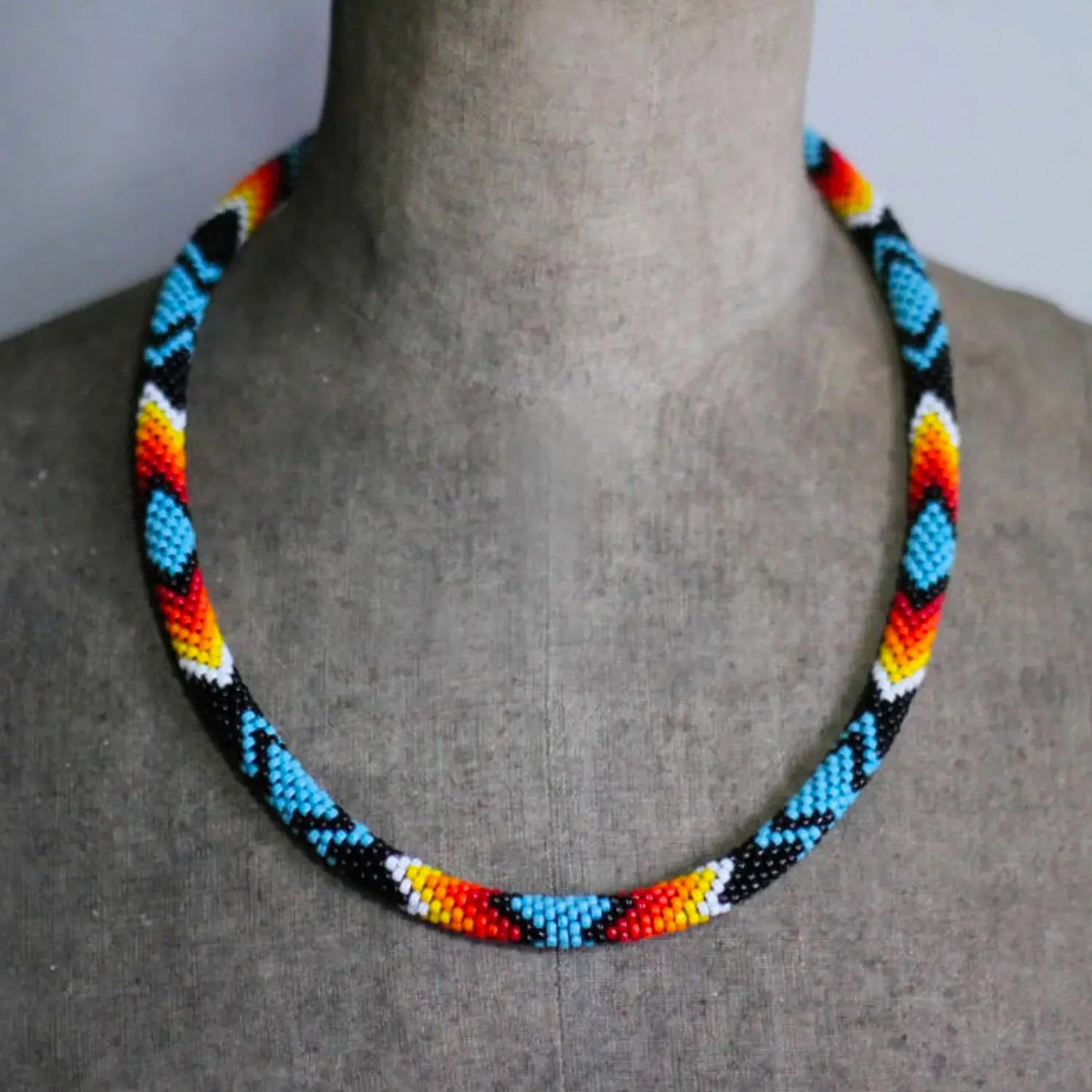 Dark Blue Beaded Long Necklace Handmade Native American Style for Women
