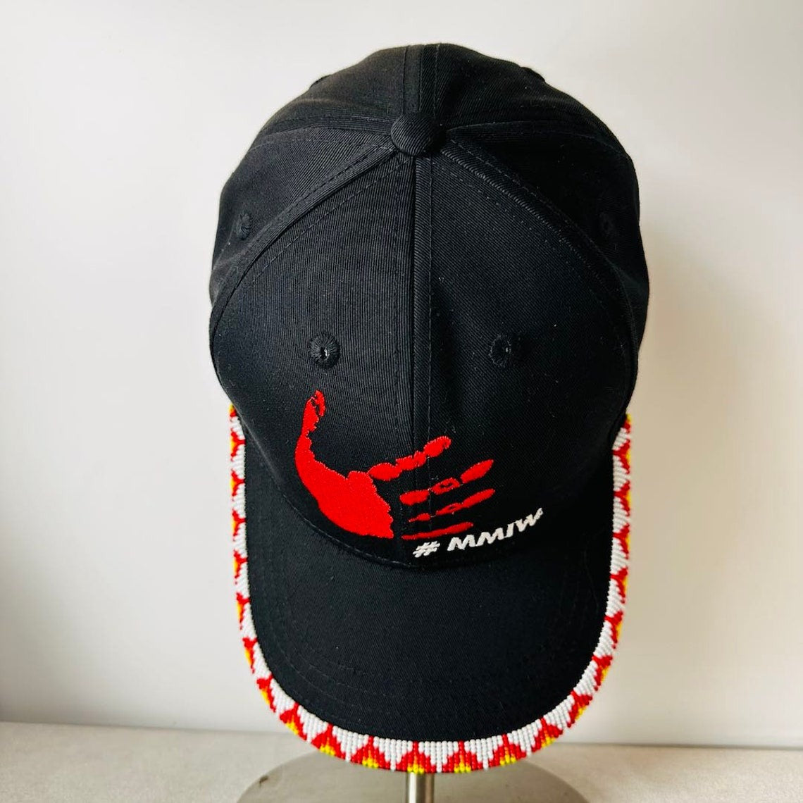 MMIW Red Hand Embroidered Handmade Beaded Brim Baseball Cap Native American Style
