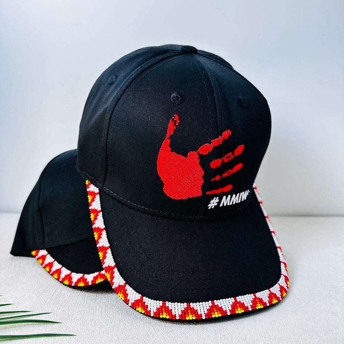 MMIW Red Hand Embroidered Handmade Beaded Brim Baseball Cap Native American Style