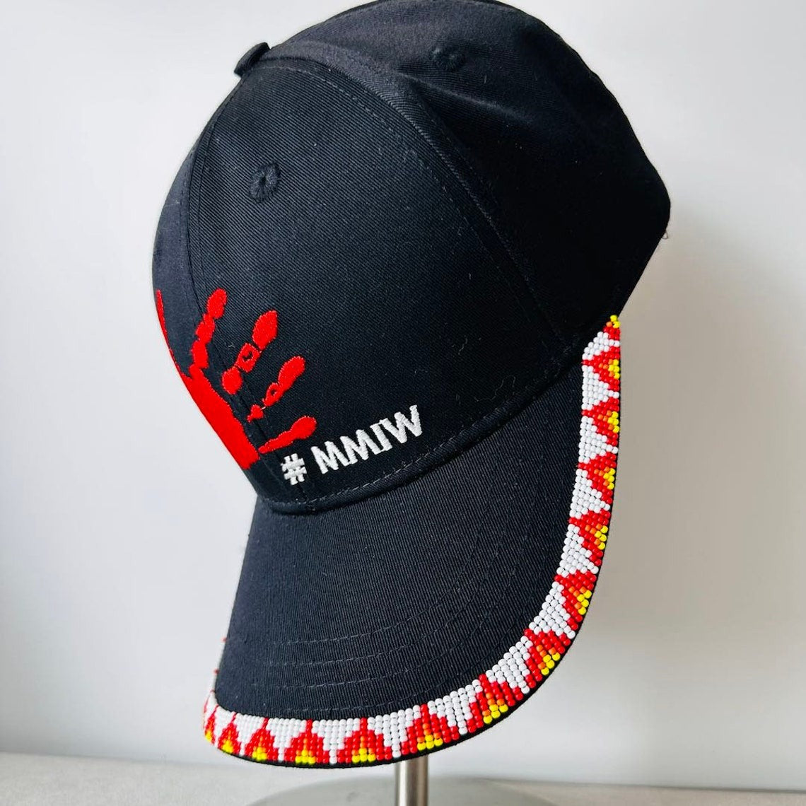 MMIW Red Hand Embroidered Handmade Beaded Brim Baseball Cap Native American Style