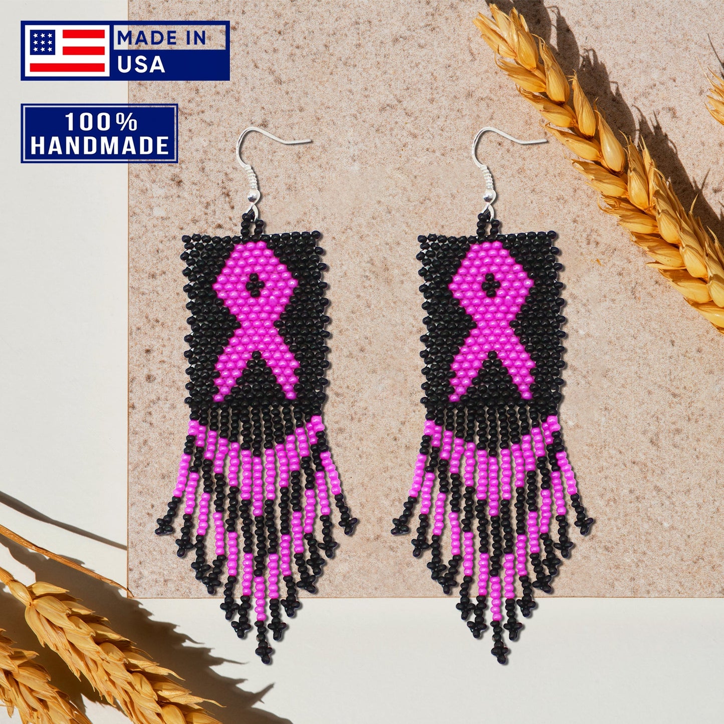 Black Pink Breast Cancer Awareness Beaded Handmade Earrings For Women