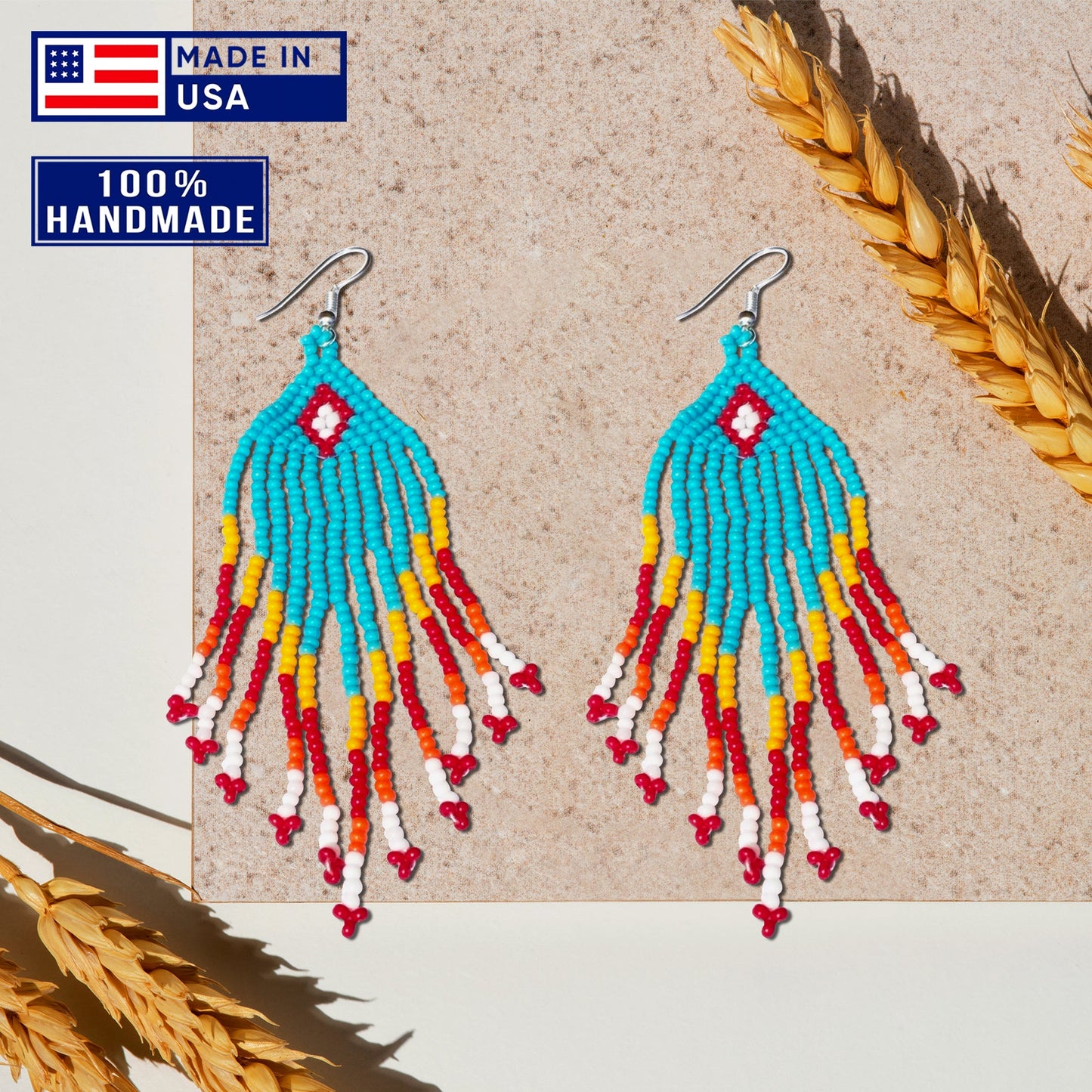 Turquoise Blue Orange Chandelier Beaded Handmade Earrings For Women
