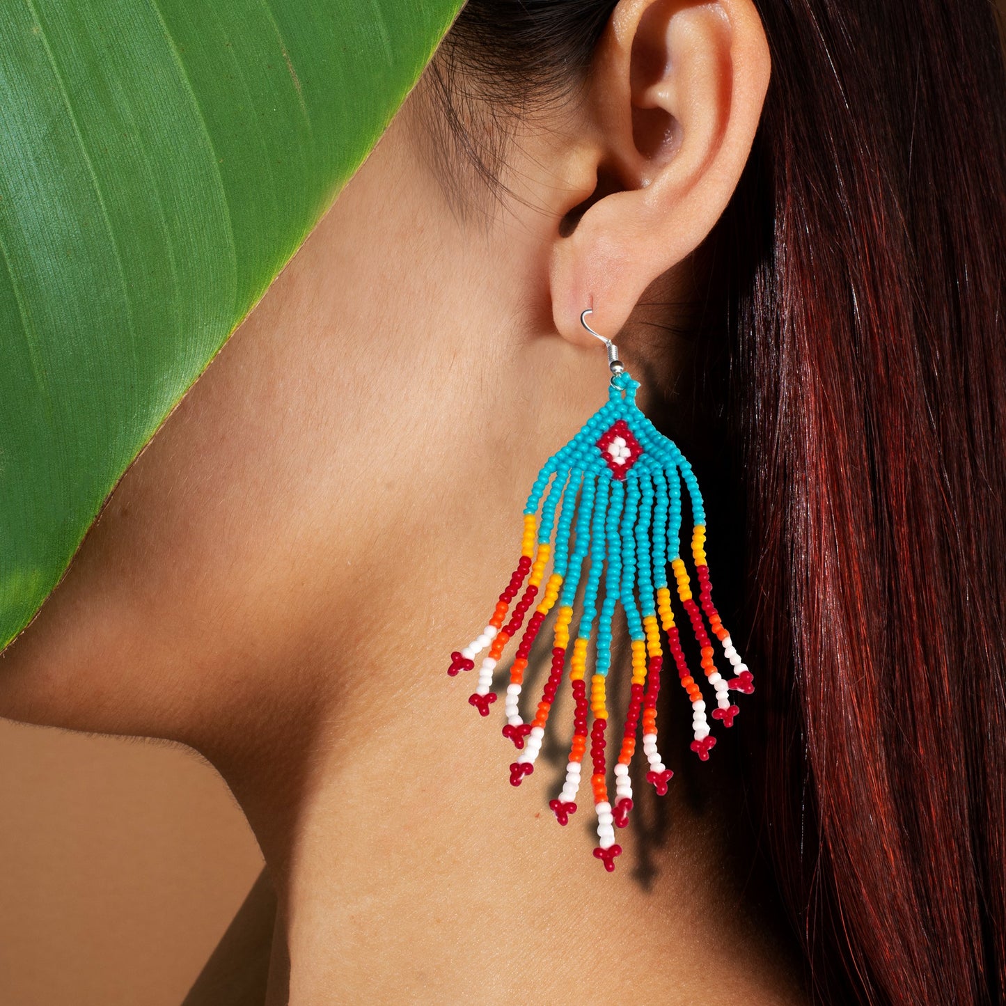 Turquoise Blue Orange Chandelier Beaded Handmade Earrings For Women