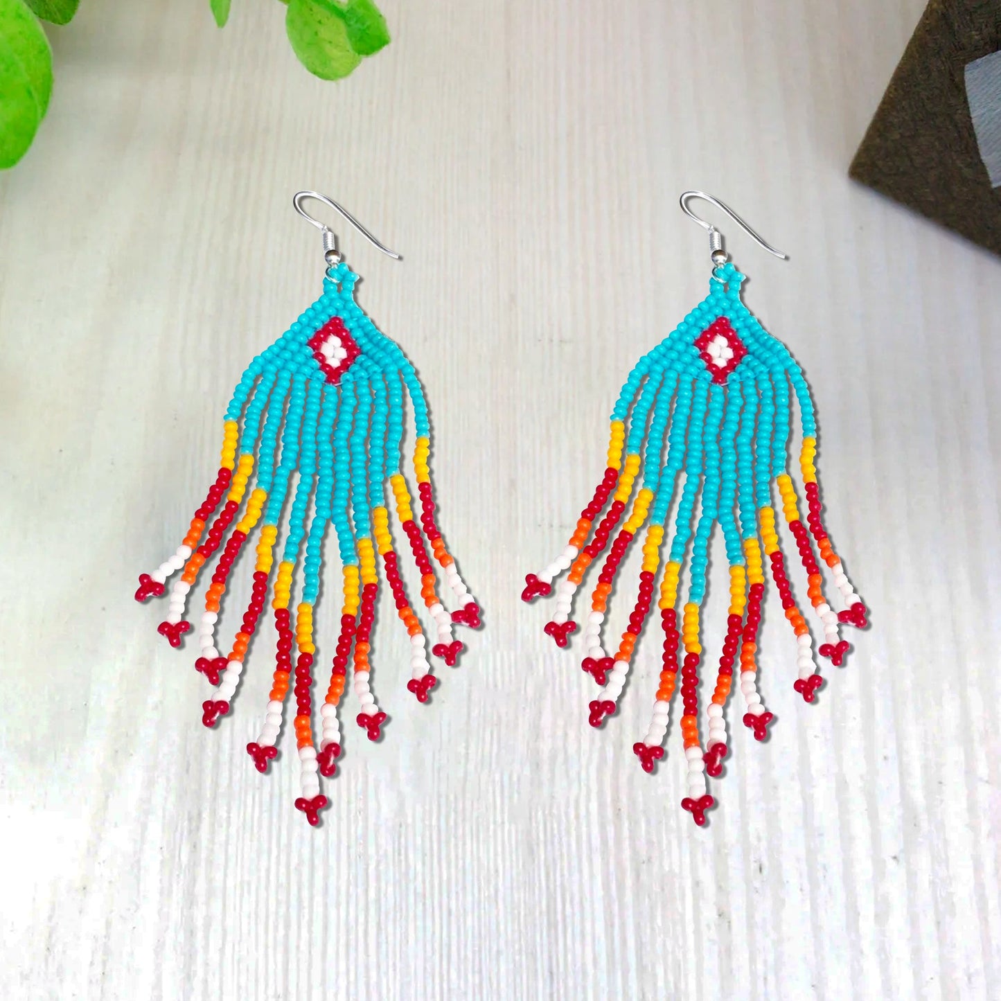 Turquoise Blue Orange Chandelier Beaded Handmade Earrings For Women