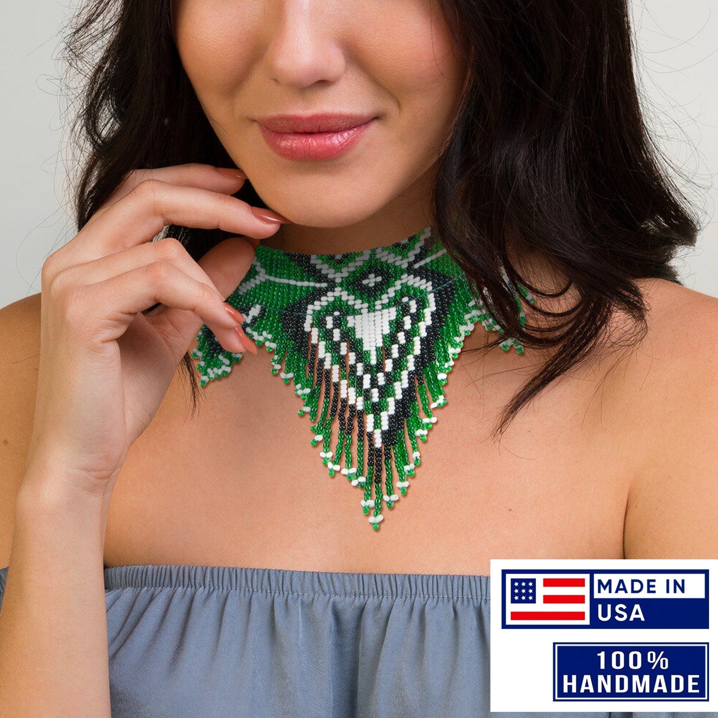 Green Black White Heart Beaded Bib Necklace Choker Unisex With Native American Style