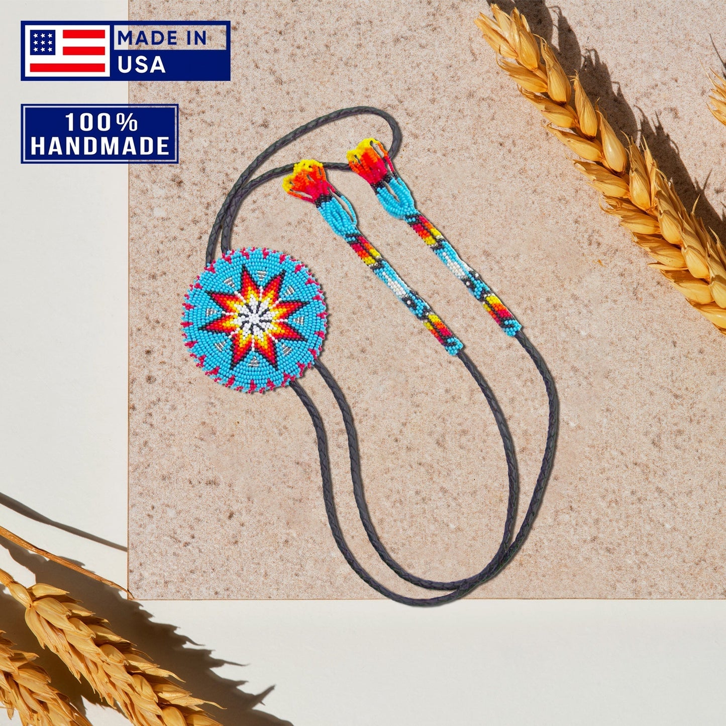 Turquoise Blue Seed Beaded Bolo Tie 3 Inch Handmade Star Beadwork Unisex With Native American Style