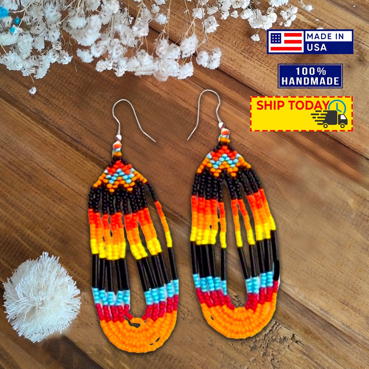 Black Fire Seed Beaded Necklace Earrings Feather Beadwork