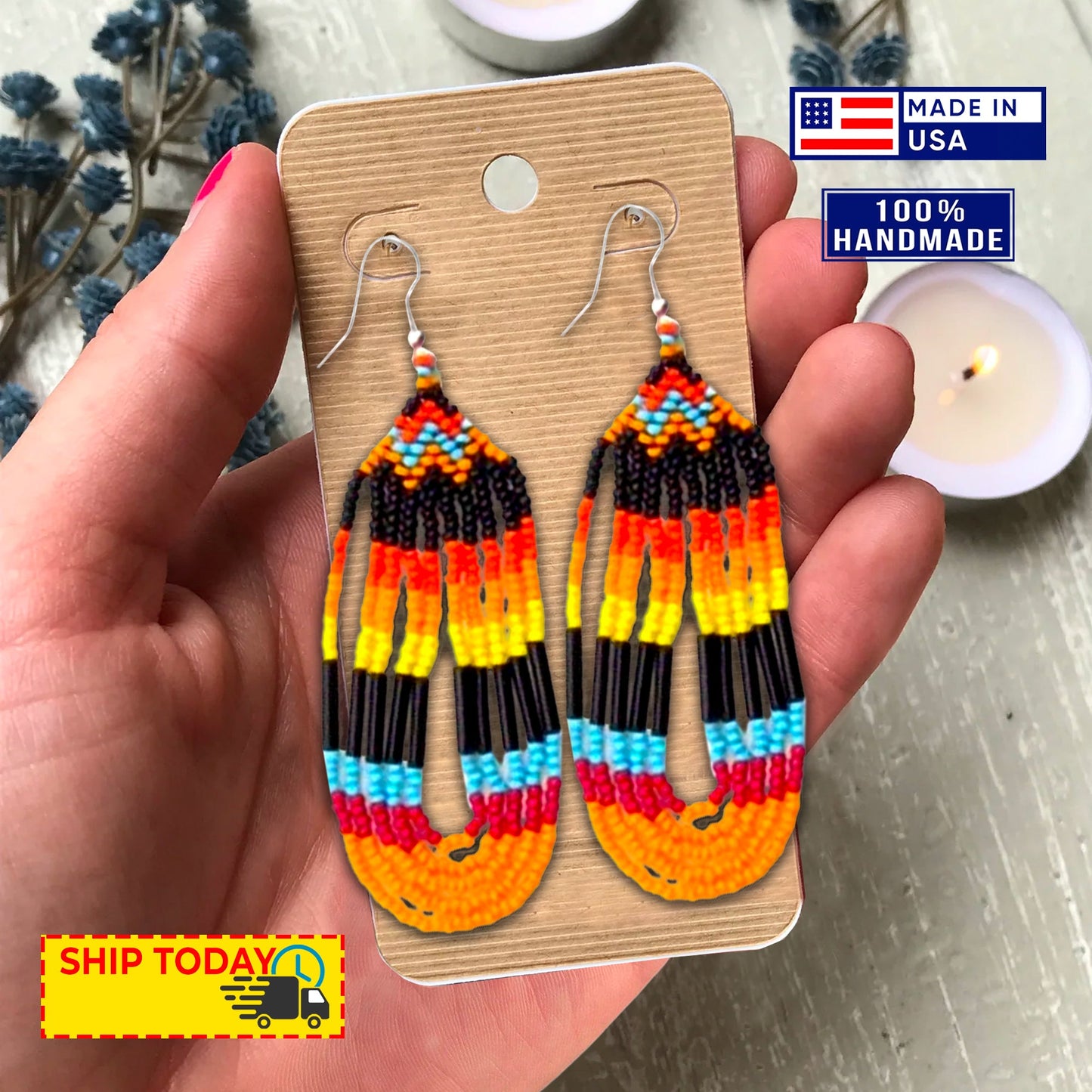Black Fire Seed Beaded Necklace Earrings Feather Beadwork