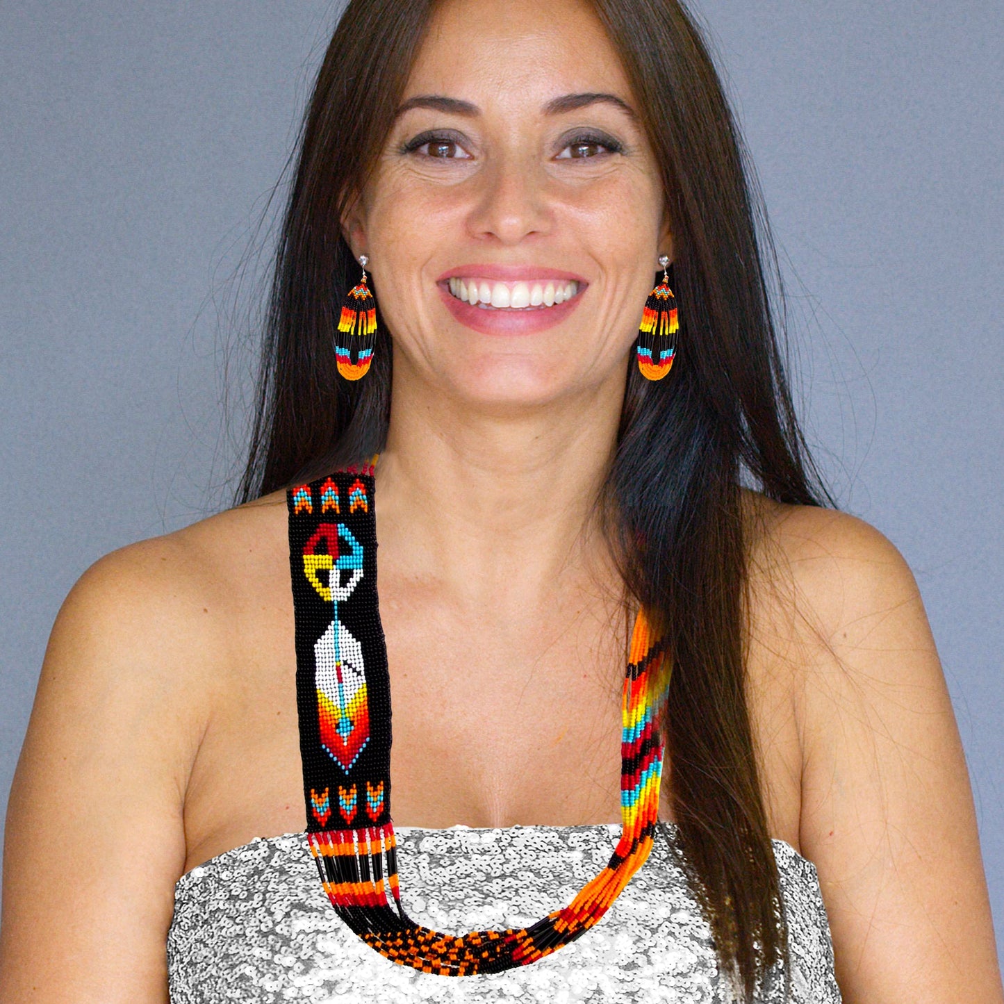 Black Fire Seed Beaded Necklace Earrings Feather Beadwork