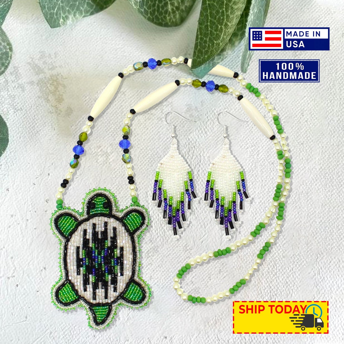 New Handmade Blue Green White Turtle Long Necklace Earring Set