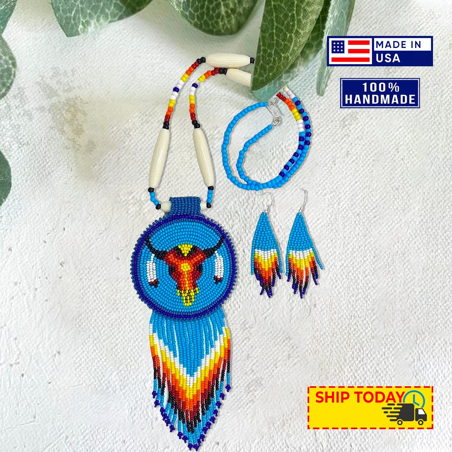 Handmade Turquoise Blue Beaded Bull Skull Medallion Necklace Set