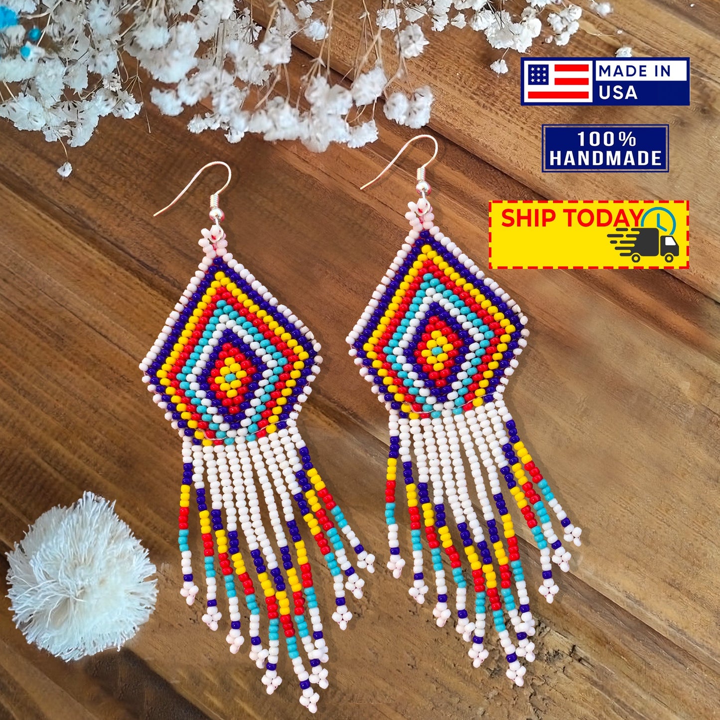 Handmade Beaded White Necklace Earrings Set
