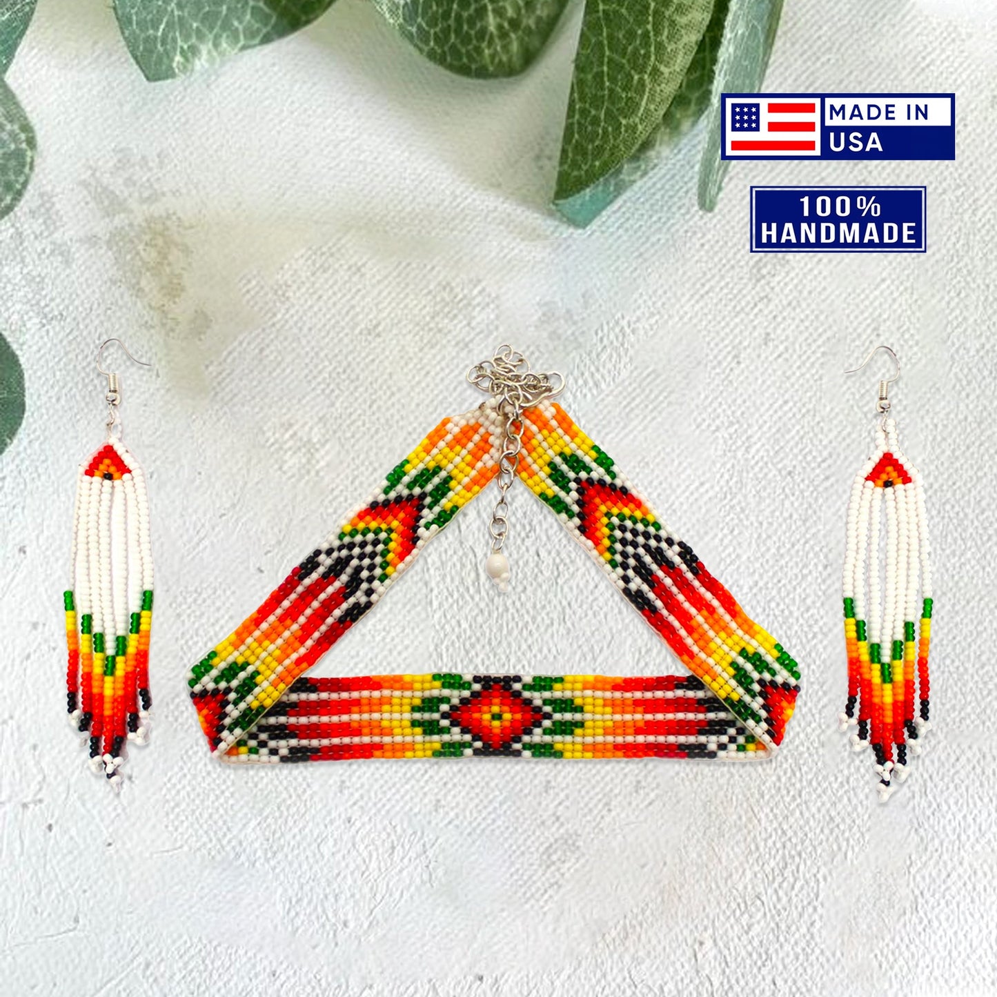Handmade Beaded White Orange Yellow Choker Necklace Earrings Set