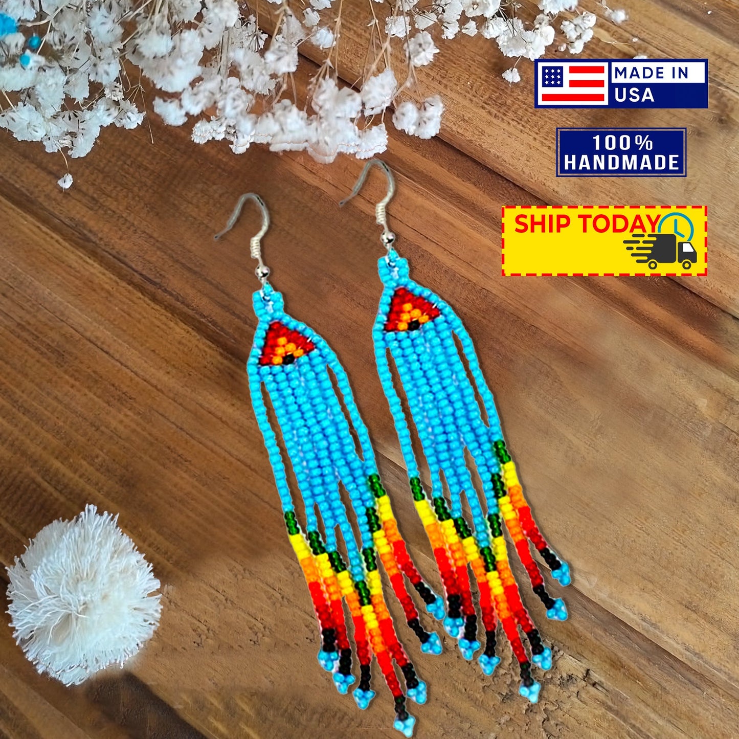 Handmade Beaded Blue Orange Yellow Choker Necklace Earring Set