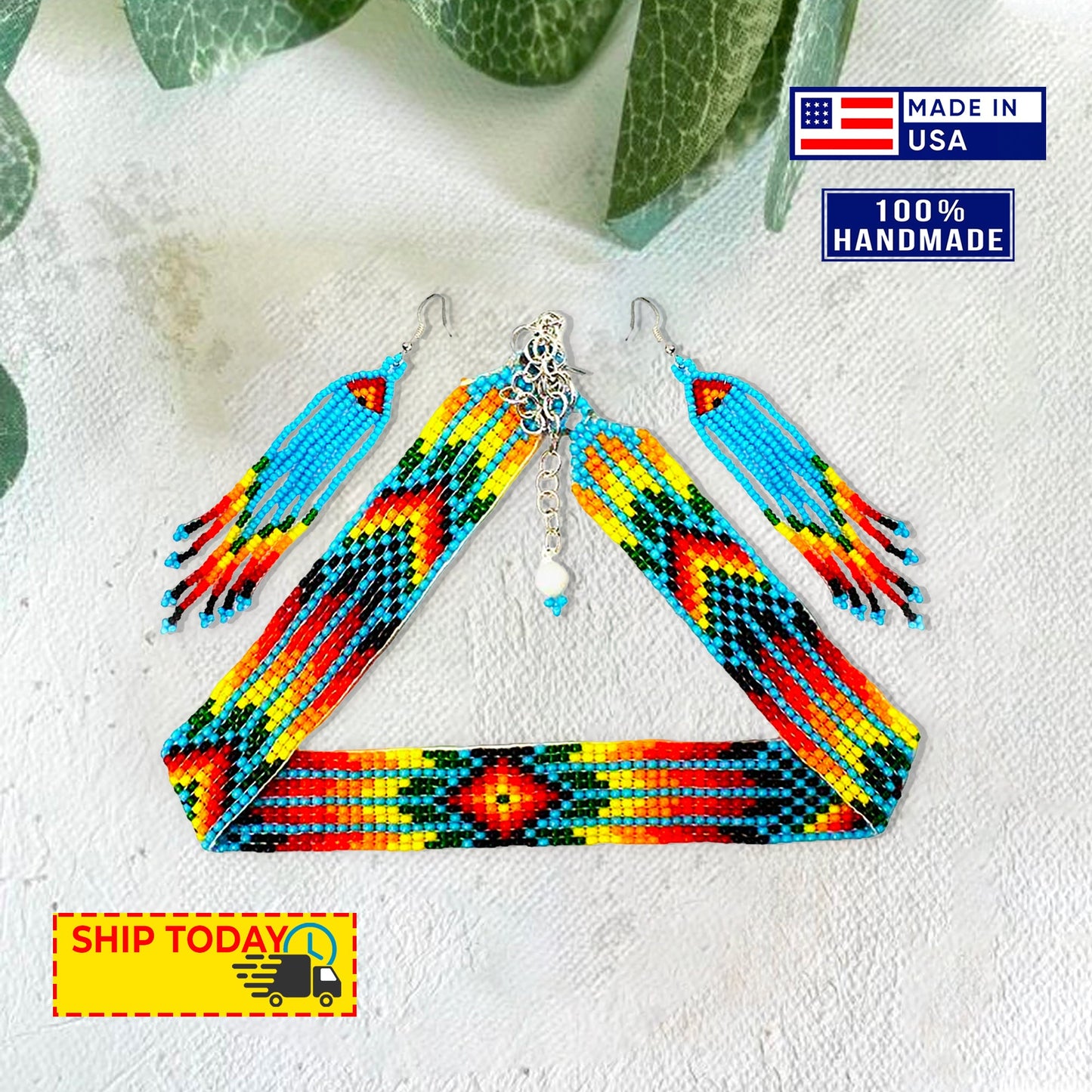 Handmade Beaded Blue Orange Yellow Choker Necklace Earring Set