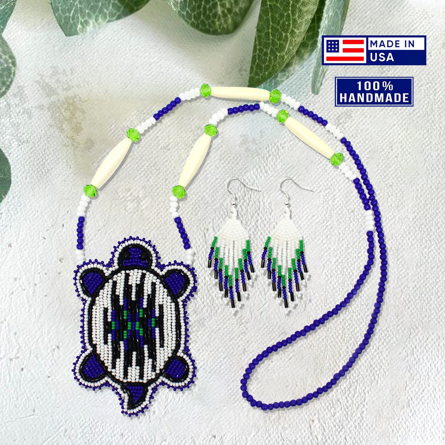 Handmade Beaded Turtle Shape Deep Blue Necklace Earrings Set