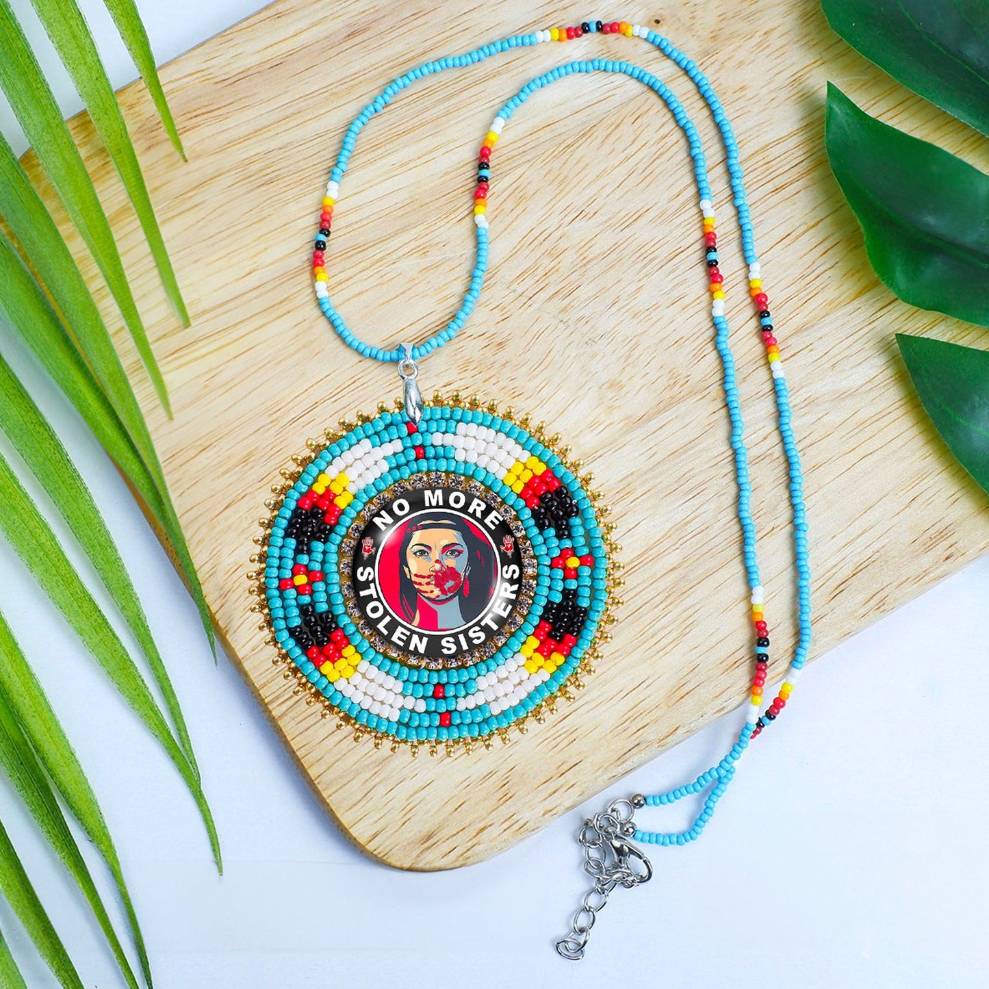 No More Stolen Sister Feathers Handmade Glass Beaded Patch Necklace Pendant