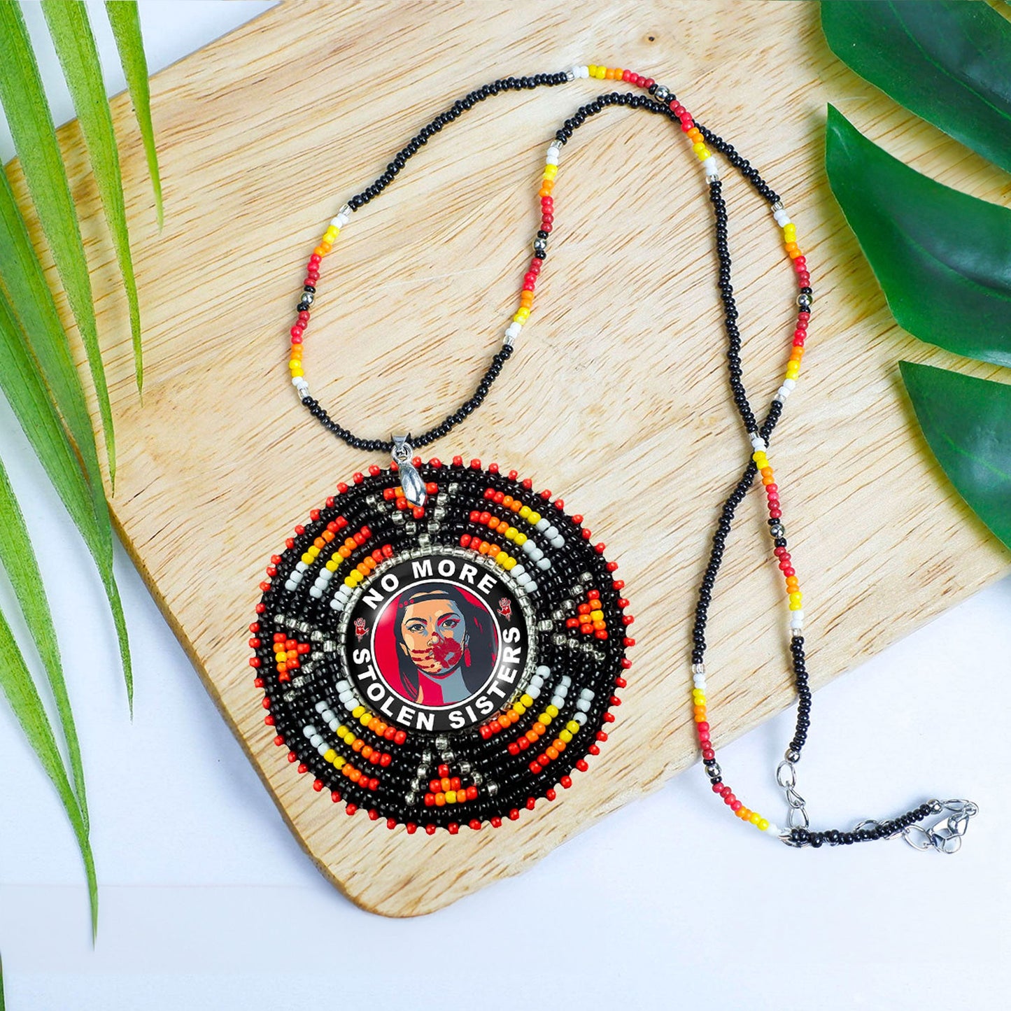 No More Stolen Sister Sunburst Handmade Glass Beaded Patch Necklace Pendant