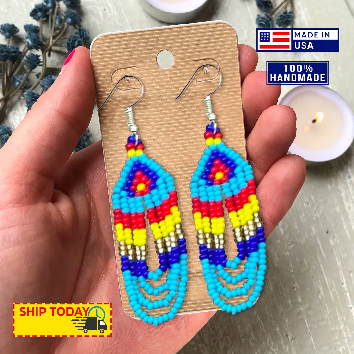Handmade Blue Multi-Color Choker Necklace Earrings Set