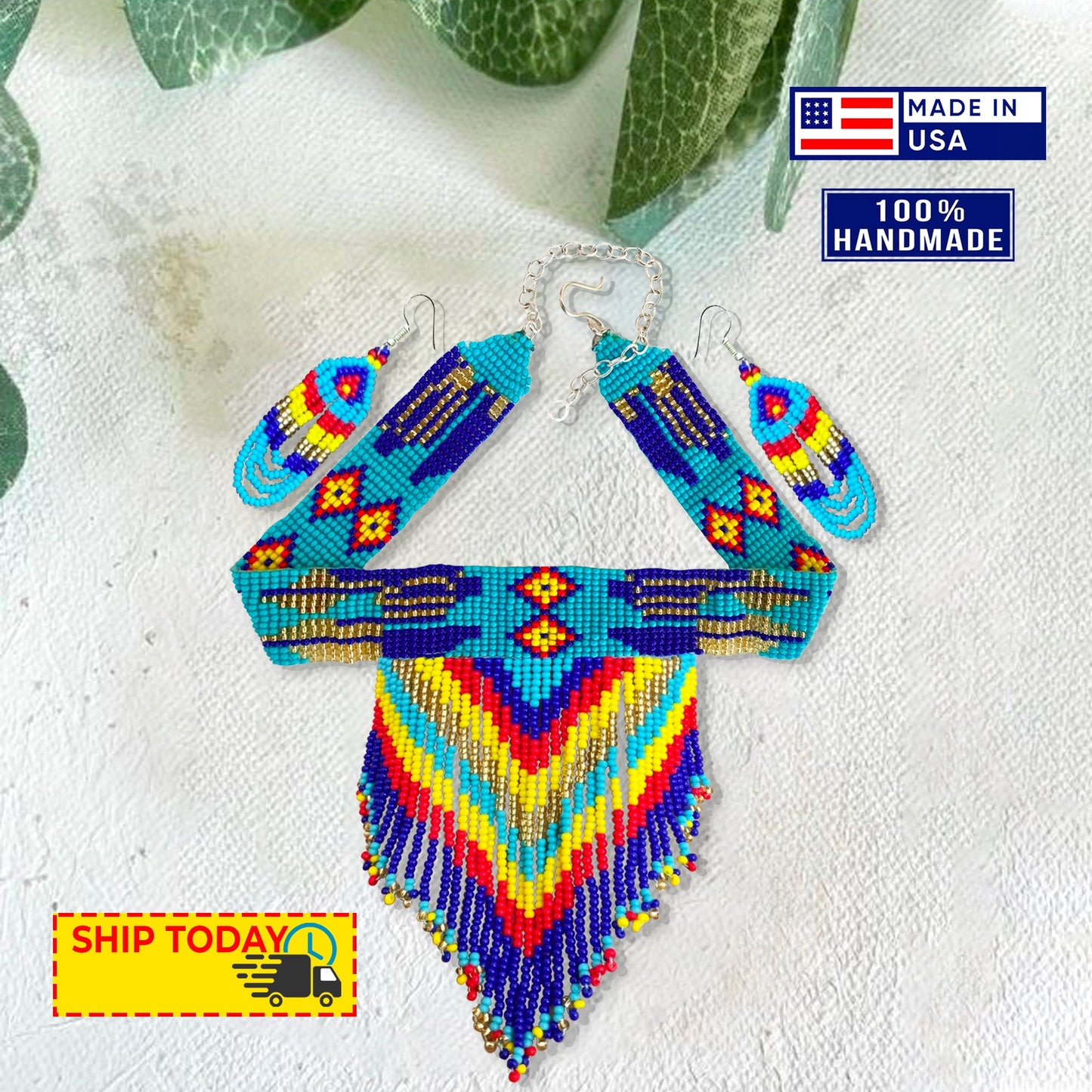 Handmade Blue Multi-Color Choker Necklace Earrings Set