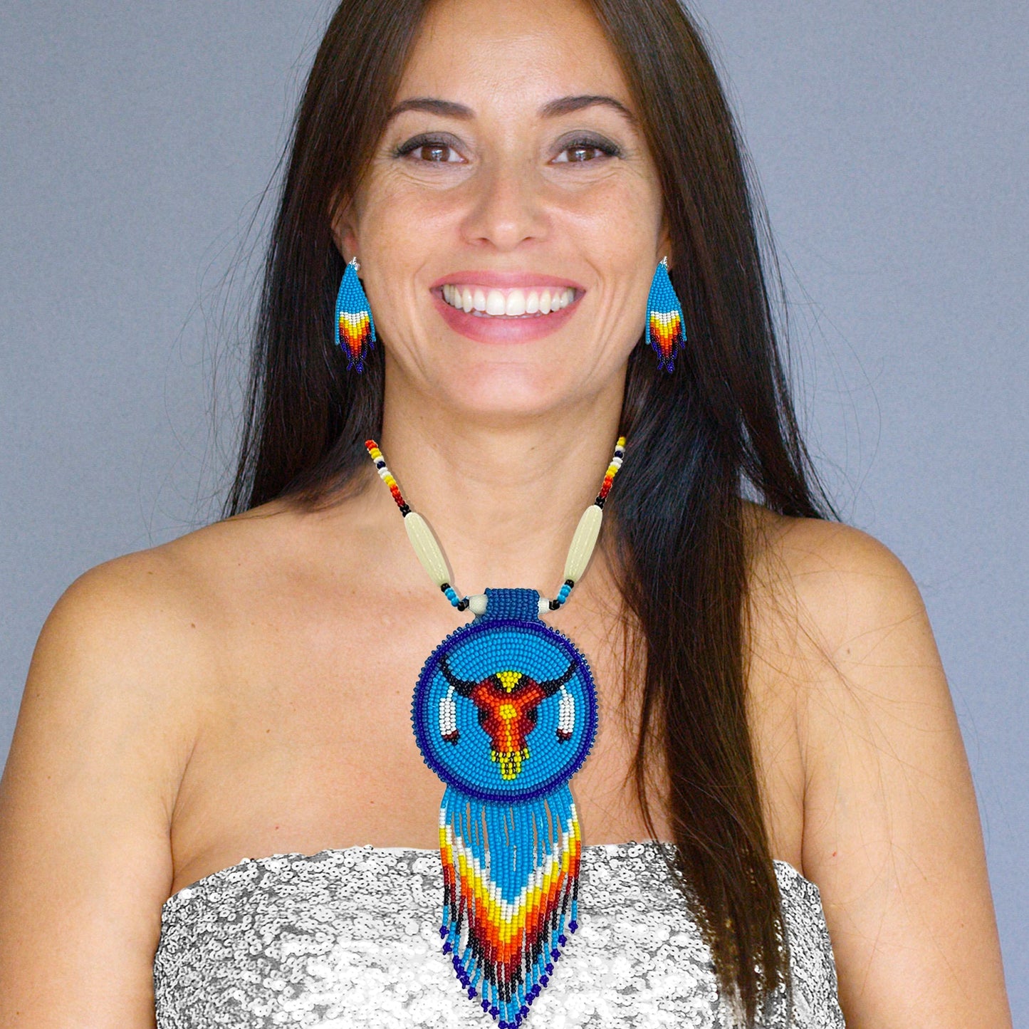 Handmade Turquoise Blue Beaded Bull Skull Medallion Necklace Set