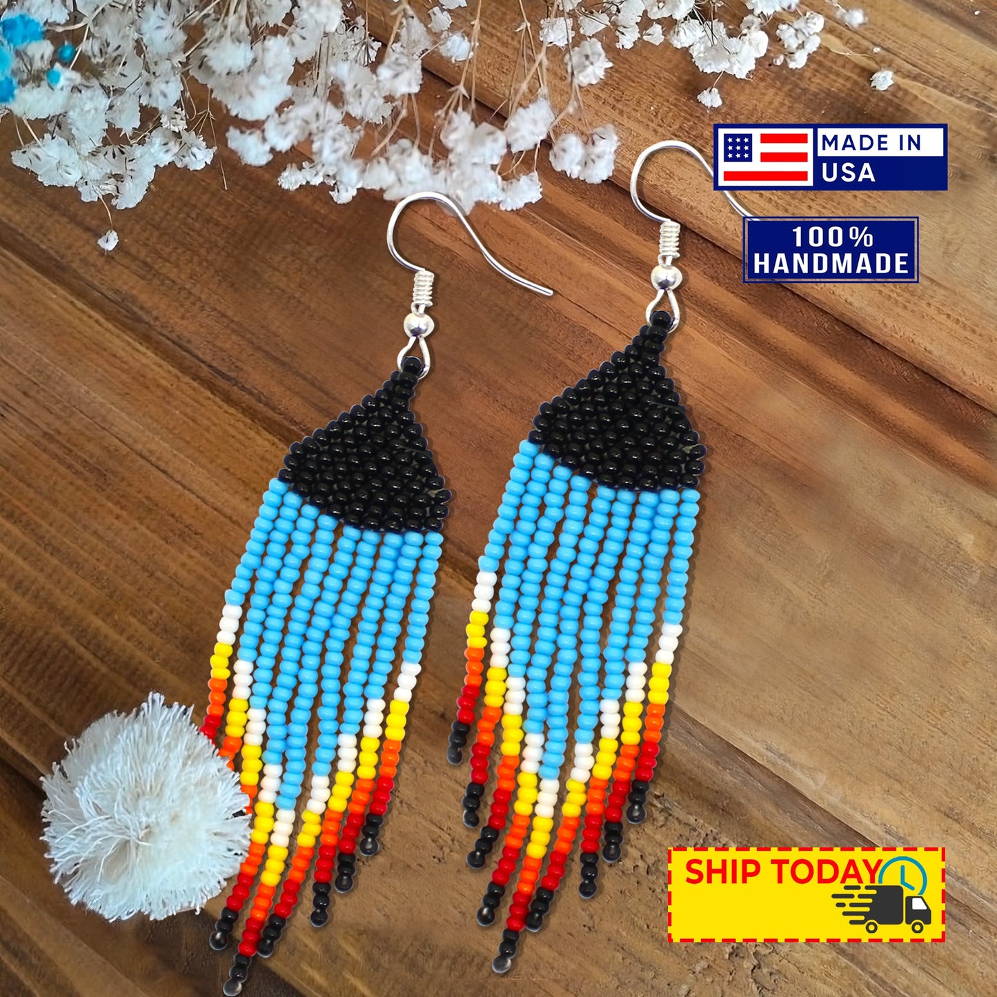 Handmade Necklace Earrings Set Layered Seed Beaded (Blue Eagle)