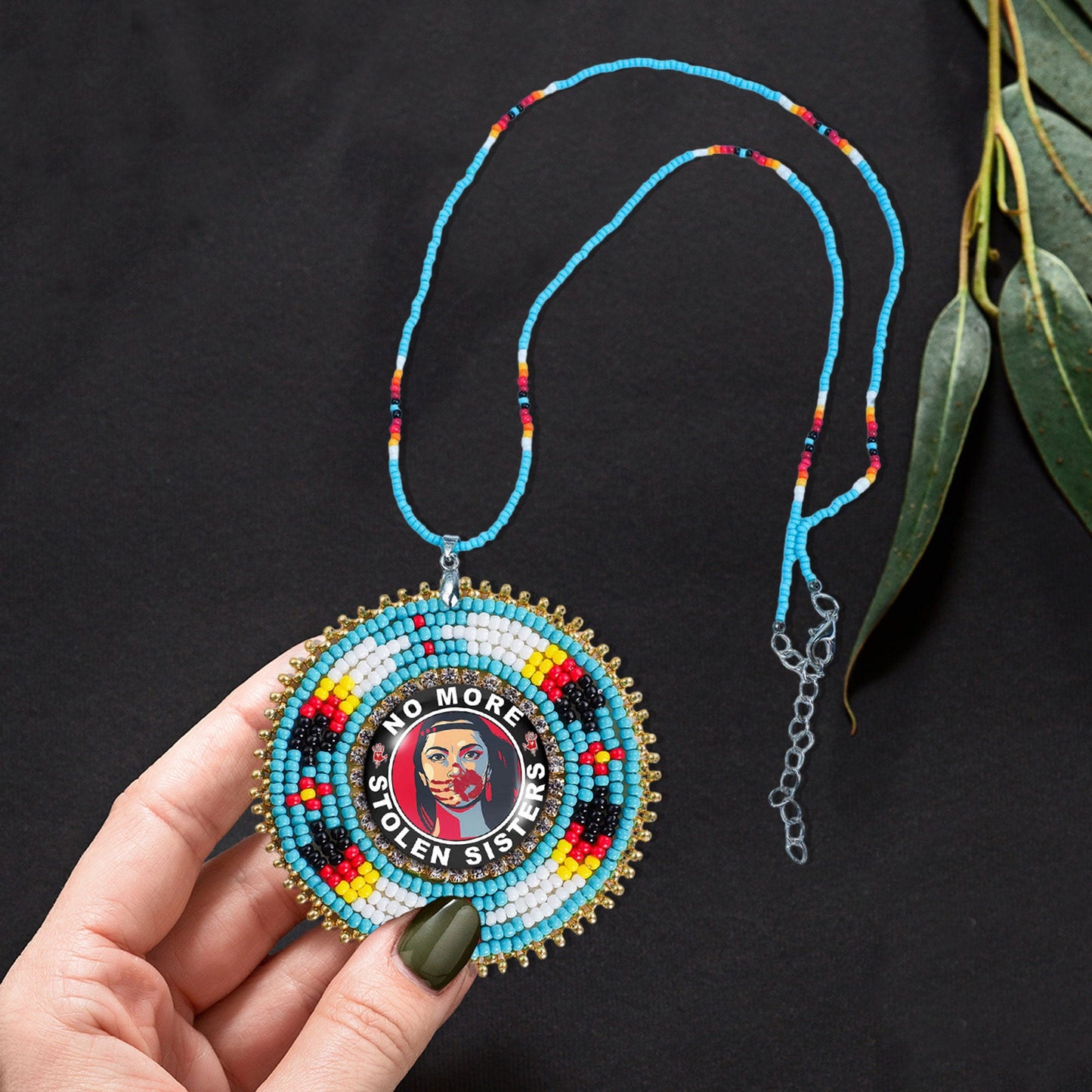 No More Stolen Sister Feathers Handmade Glass Beaded Patch Necklace Pendant