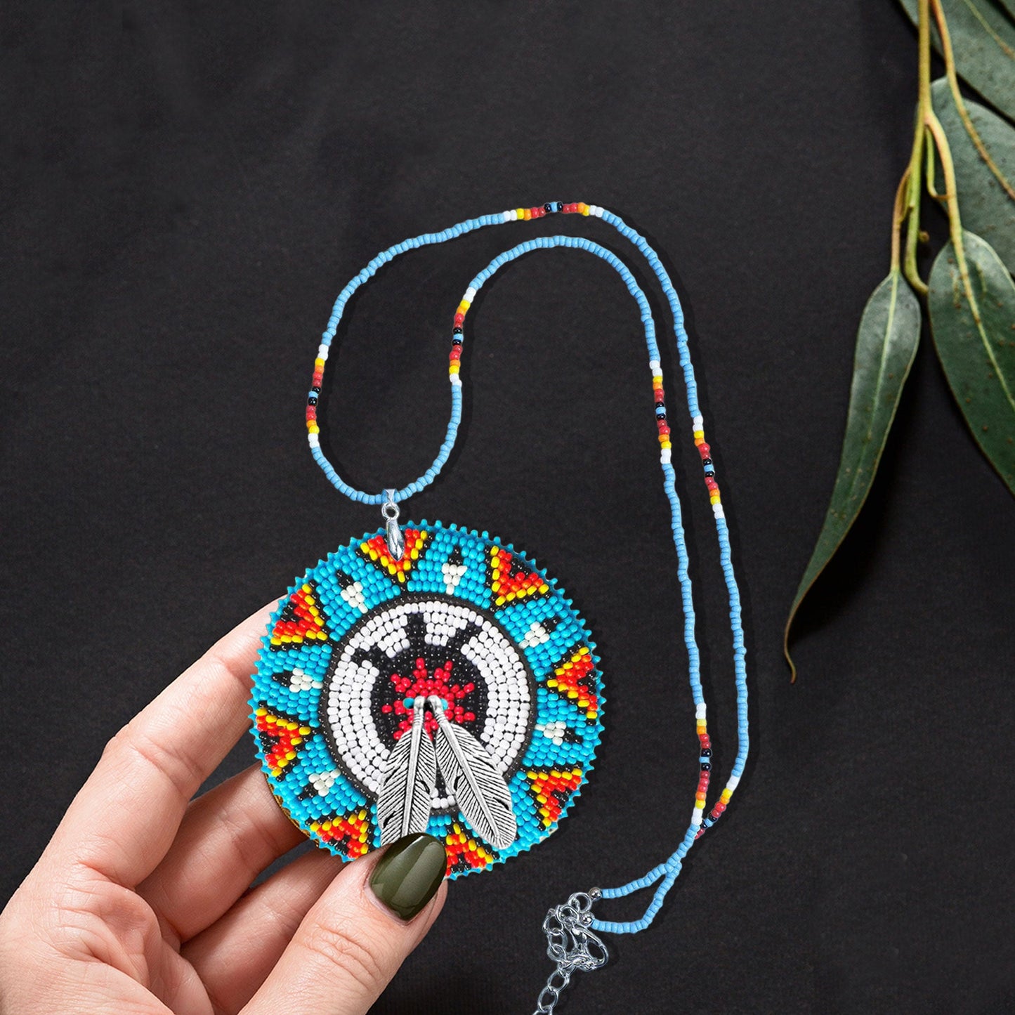 Blue Turtle Feather Handmade Beaded Wire Necklace Pendant Unisex With Native American Style