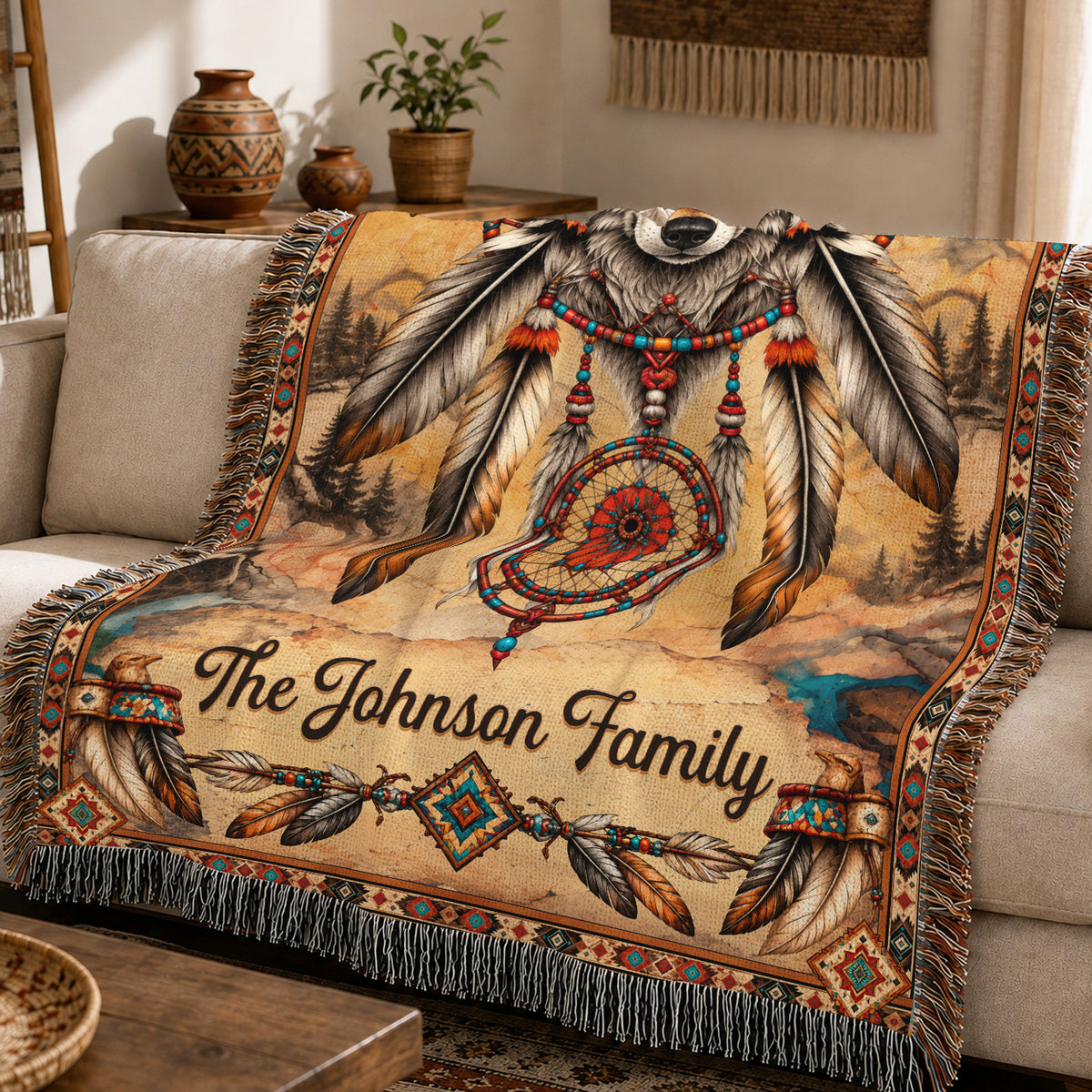Custom Family Name Native American Wolf Woven Throw Blanket
