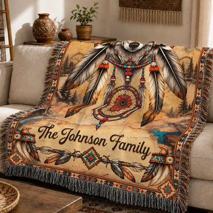 Custom Family Name Native American Wolf Woven Throw Blanket