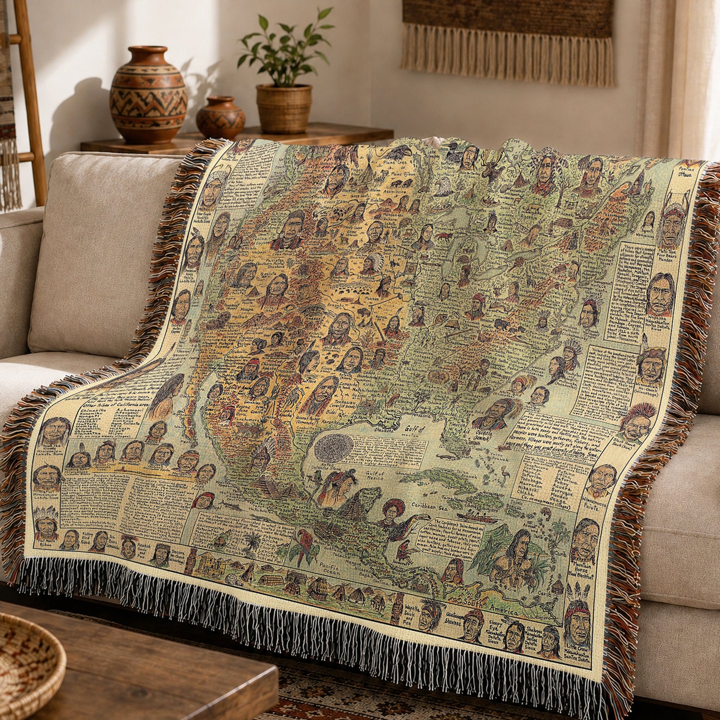 Native American Map Woven Throw Blanket - Tribal Heritage Blanket