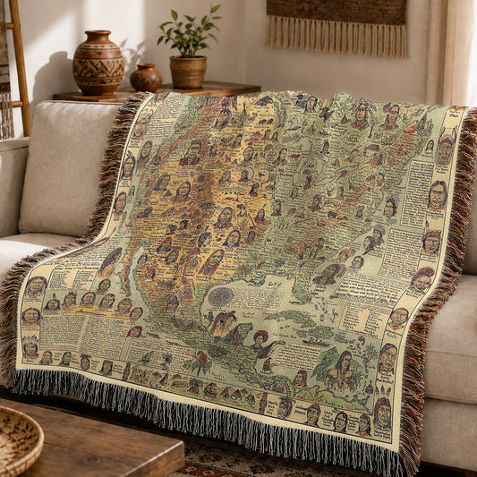 Native American Map Woven Throw Blanket - Tribal Heritage Blanket