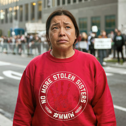 a woman in a red shirt standing on a street