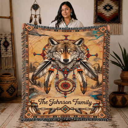 Custom Family Name Native American Wolf Woven Throw Blanket