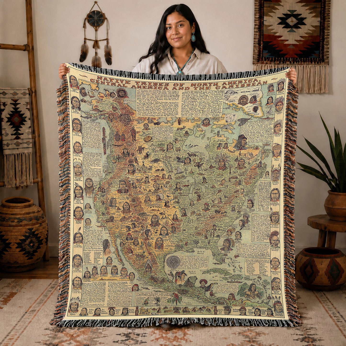 Native American Map Woven Throw Blanket - Tribal Heritage Blanket