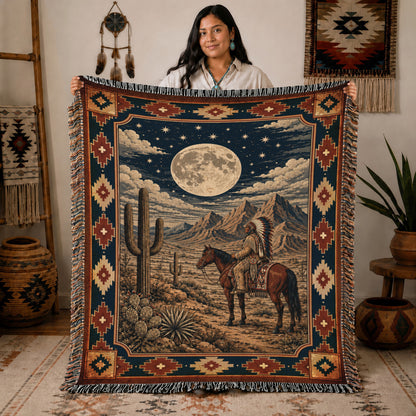 Native American Chief Horseback Moonlight Woven Throw Blanket