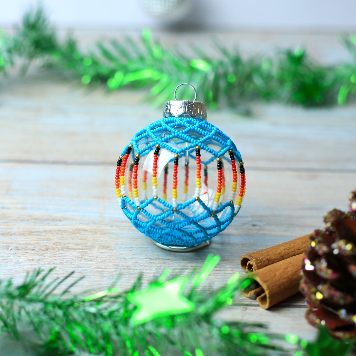 Turquoise Sparkly Handmade Beaded Ornament with Luminous Lights - Holiday Decor & Gifts