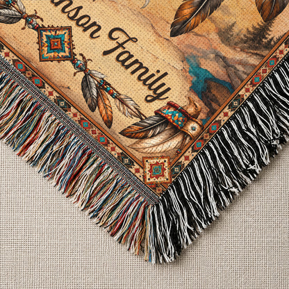 Custom Family Name Native American Wolf Woven Throw Blanket