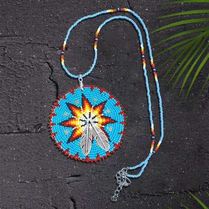 SALE 50% OFF - Blue Star Fire Pattern Beaded Patch Necklace Pendant Unisex With Native American Style