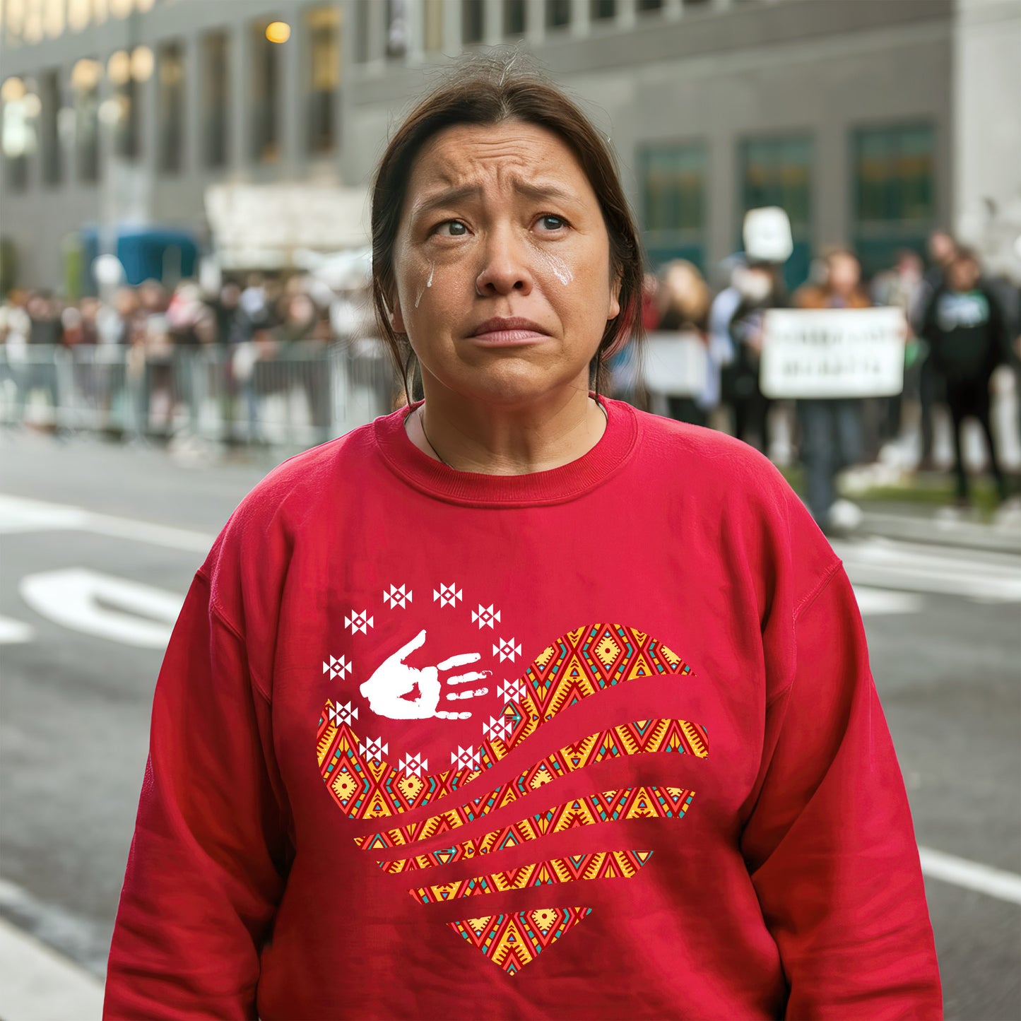 a woman in a red shirt is standing on the street