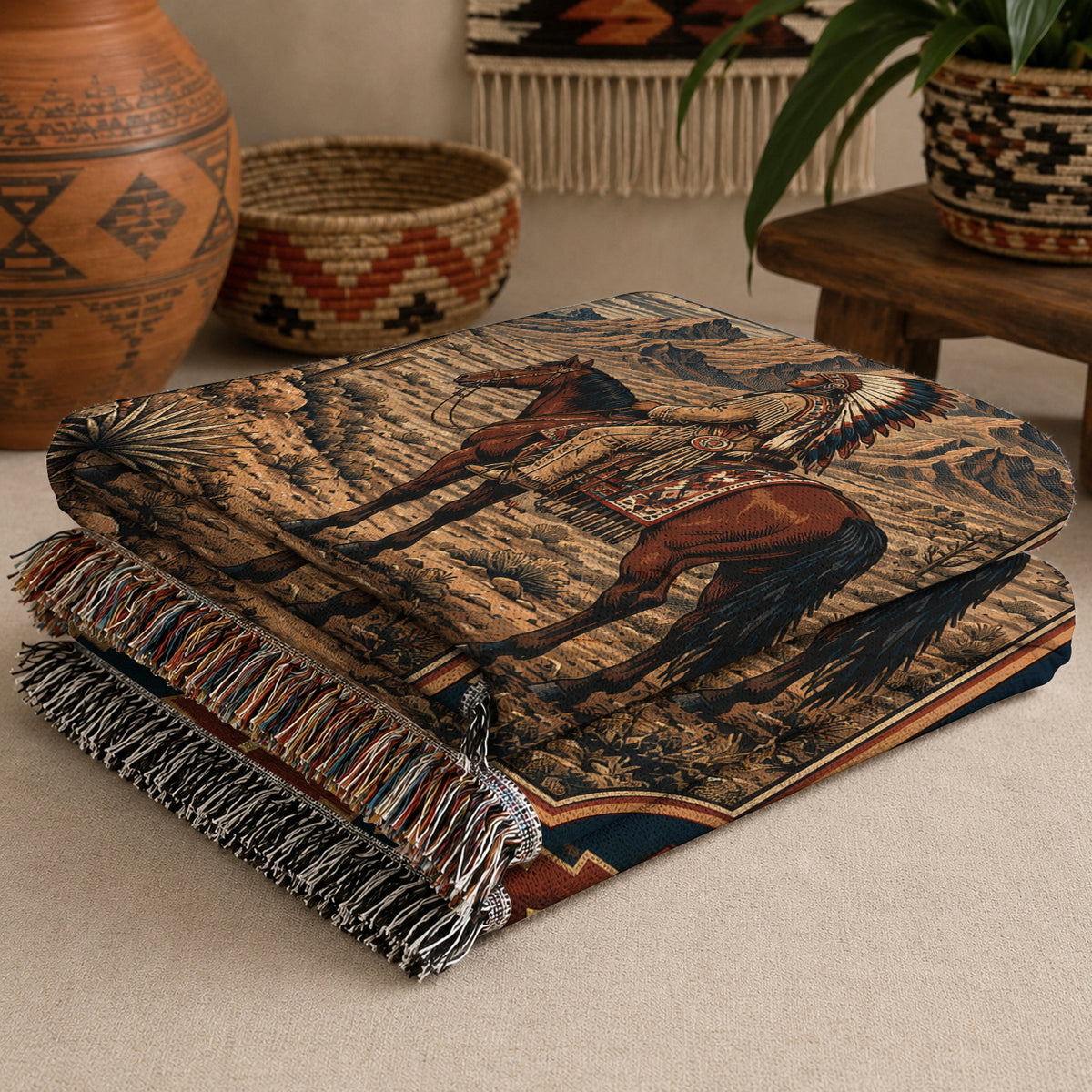 Native American Chief Horseback Moonlight Woven Throw Blanket
