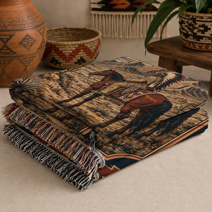 Native American Chief Horseback Moonlight Woven Throw Blanket