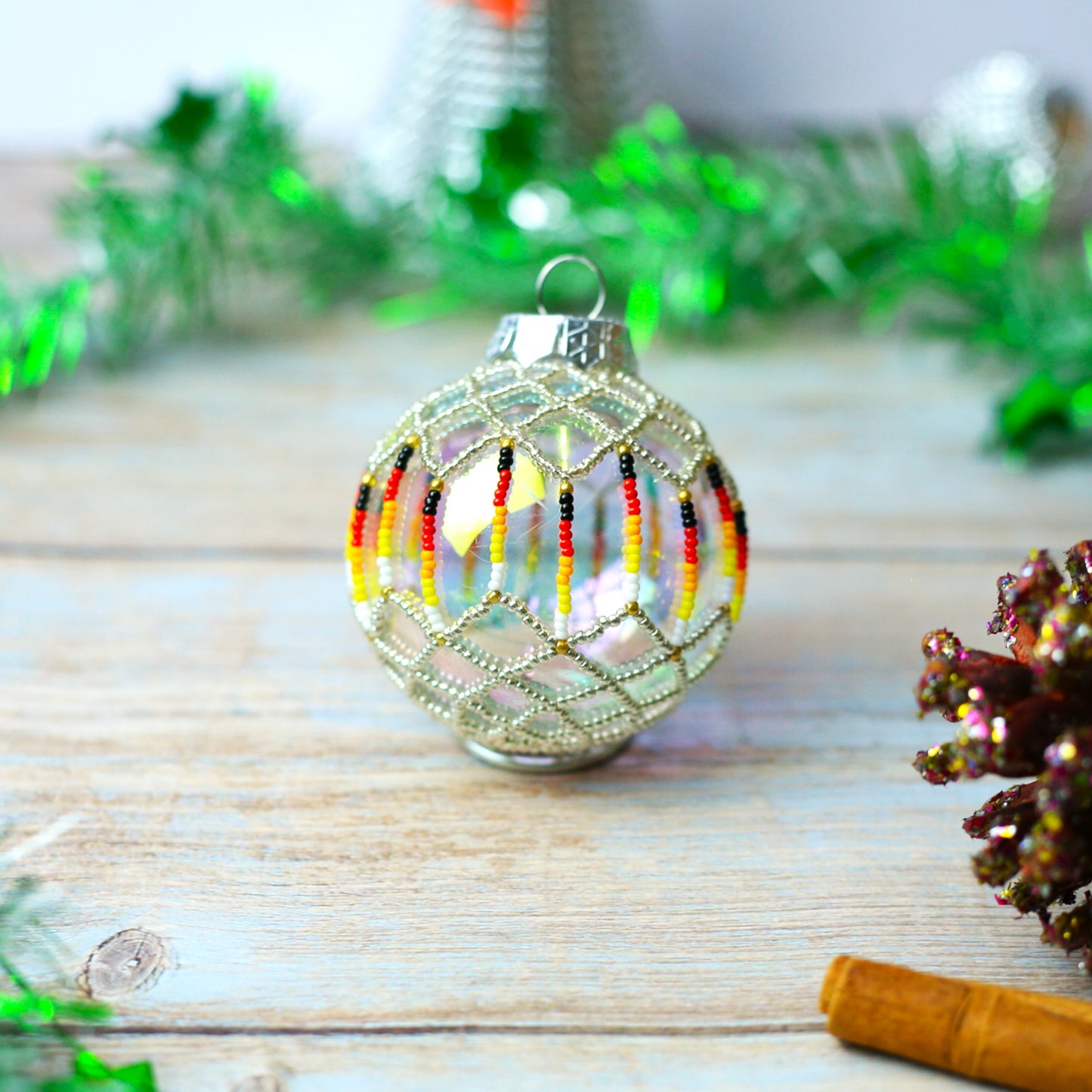 Silver Sparkly Handmade Beaded Ornament with Luminous Lights - Holiday Decor & Gifts