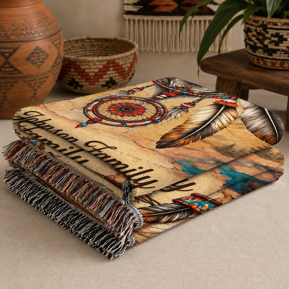 Custom Family Name Native American Wolf Woven Throw Blanket